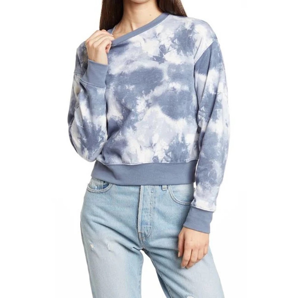 Abound Womens Tie Dye Cloud Print Fleece Sweatshirt Size M Blue Ivory Crop NWT